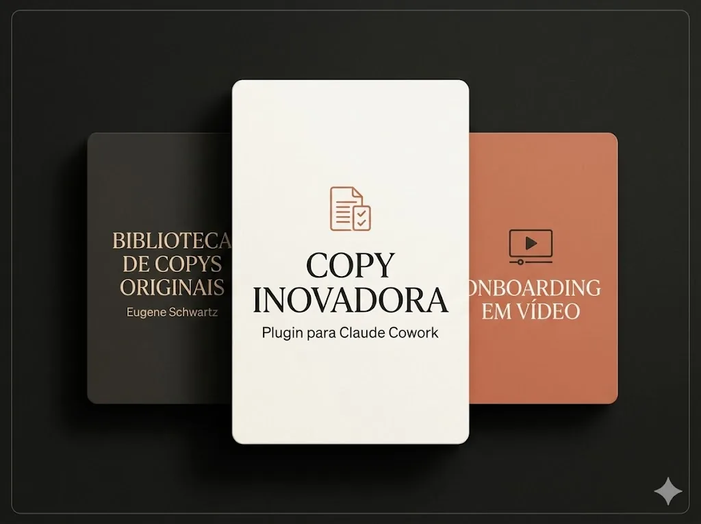 Mockup do pacote Copy Inovadora: plugin DNA da Copy, biblioteca Schwartz e onboarding em vídeo