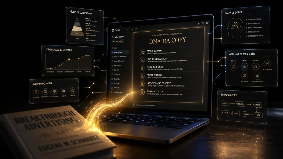 Breakthrough Advertising de Eugene Schwartz alimentando o plugin DNA da Copy no Claude Cowork