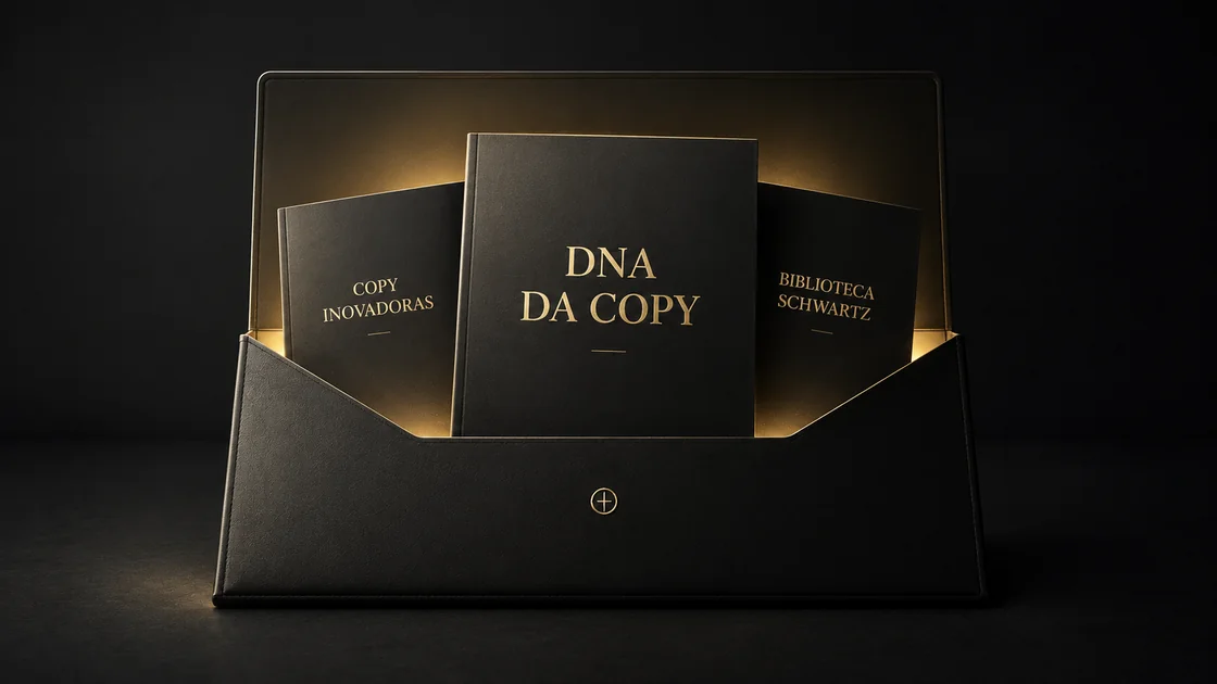 Mockup do pacote Copy Inovadoras: plugin DNA da Copy e Biblioteca Schwartz
